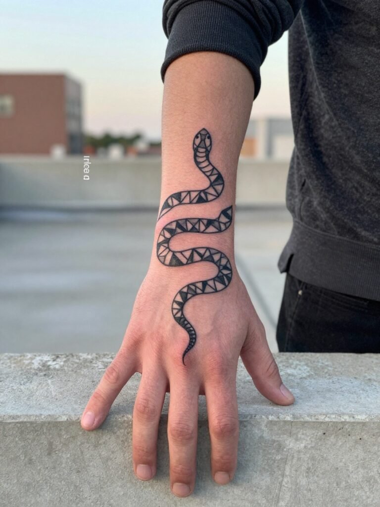 Simple Snake Hand Tattoo Men Geometric Design