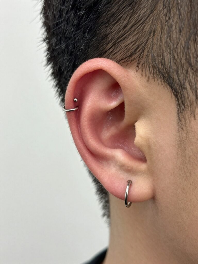 Double Ear Piercing Men With A Lobe Stud And Helix Hoop