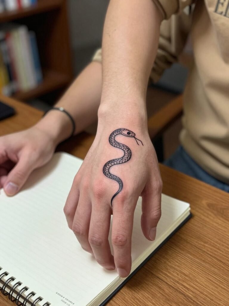 Japanese Chrysanthemum Snake Hand Tattoo for Men