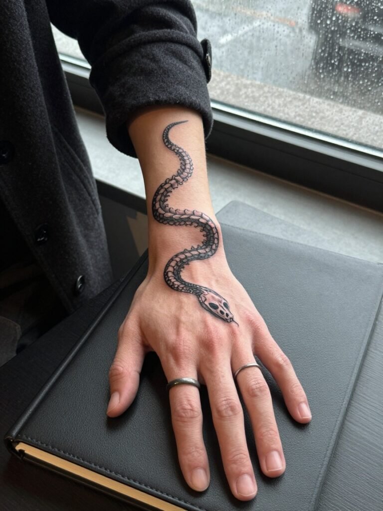  Skeletal Snake Hand Tattoo Men Meaning Design