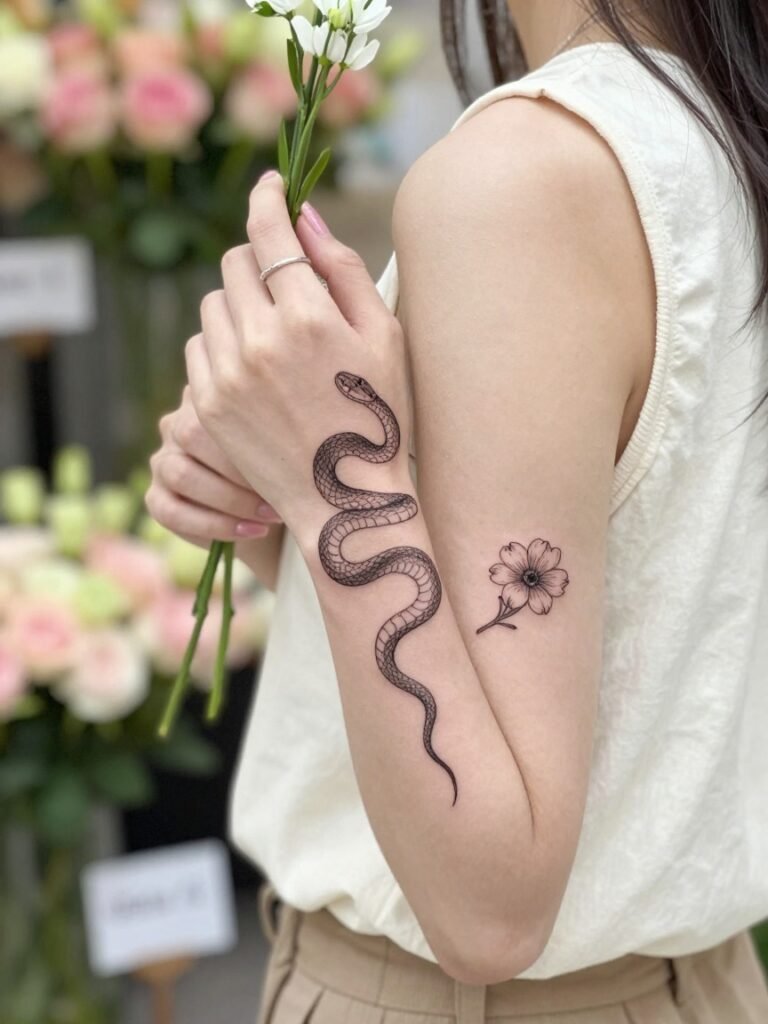 Snake Hand Tattoo Female With Fine-Line Flowers