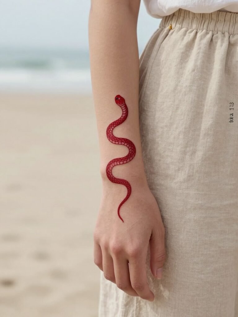 Small Snake Hand Tattoo Women in Red Ink
