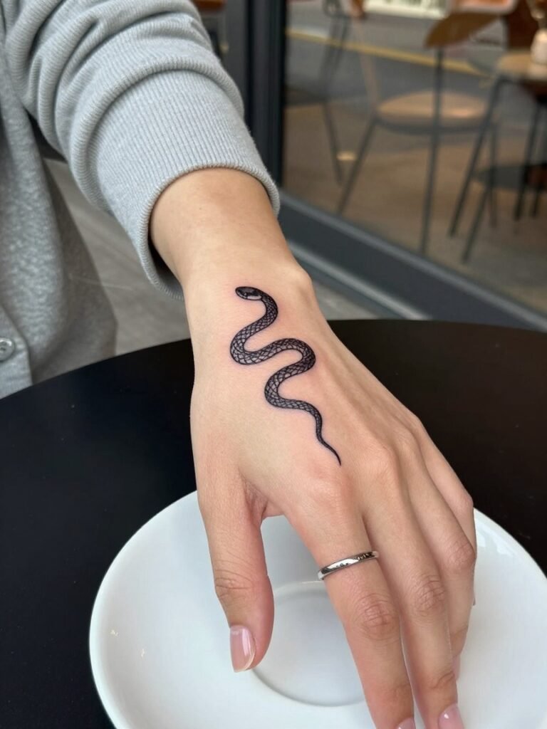  Simple Snake Hand Tattoo Women on One Finger