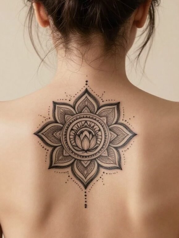 2. Upper Back Lotus Mandala Ornamental Tattoo