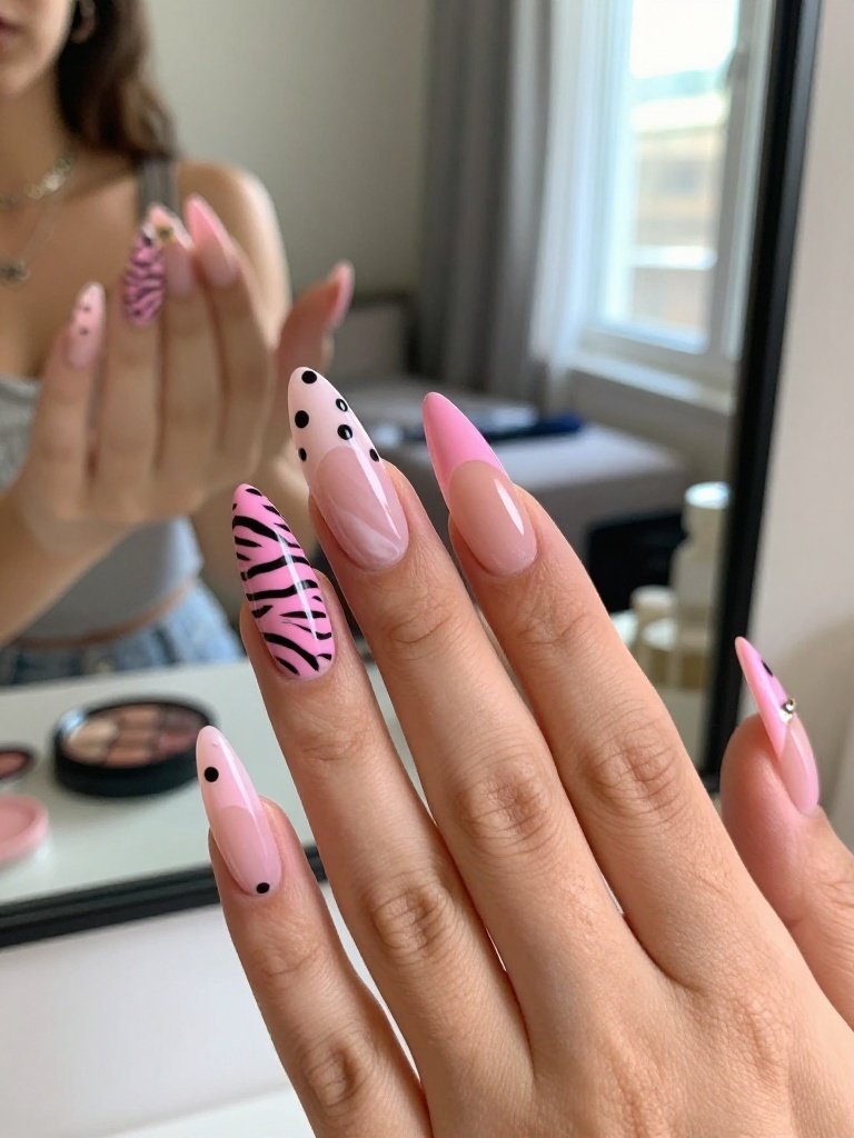 Mixed-Print Pink Lollapalooza Nails With Gold Charms
