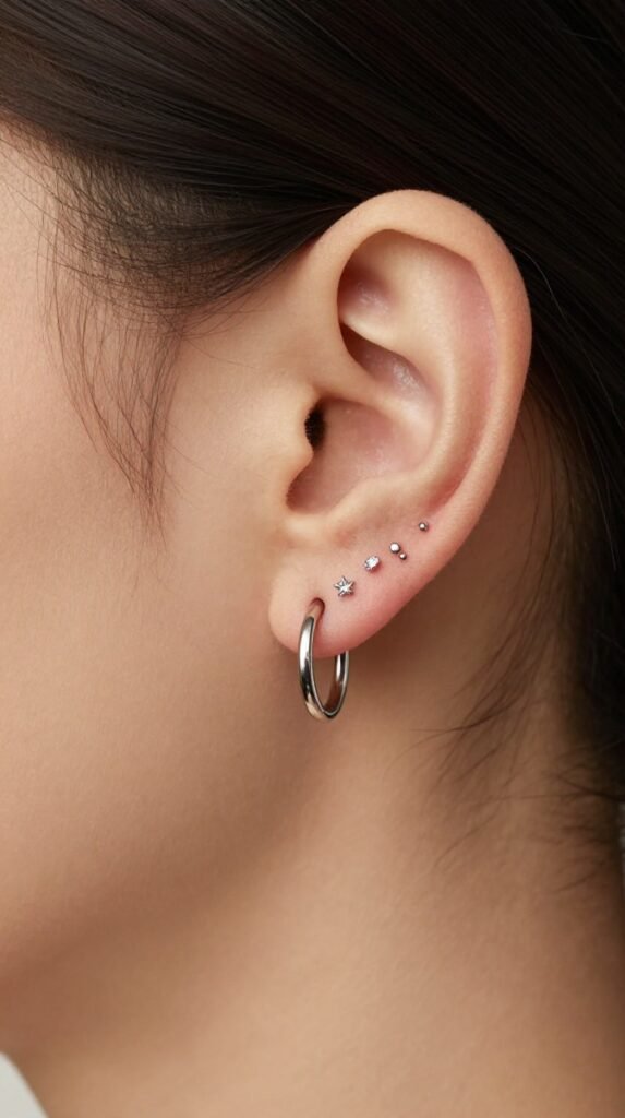 1. Stacked Lobe Ear Piercing With Tiny Mixed Studs