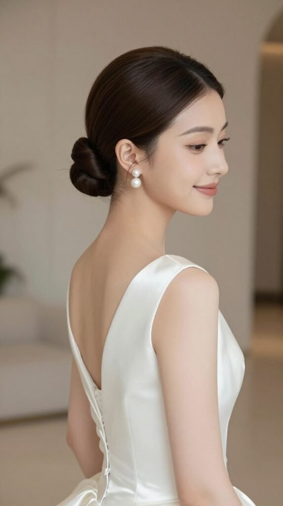 1. Sleek Center-Part Low Bun Wedding Hairstyle With a Wrapped Base