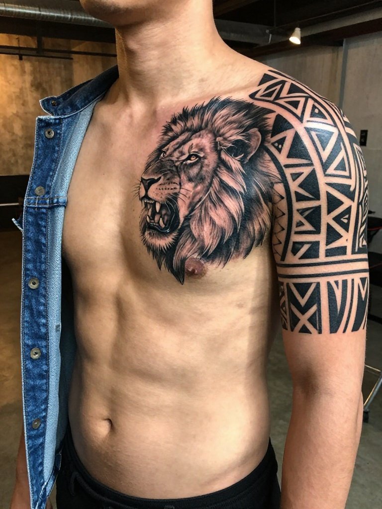 2. Lion Chest And Shoulder Tattoo Men Idea With Tribal Geometry