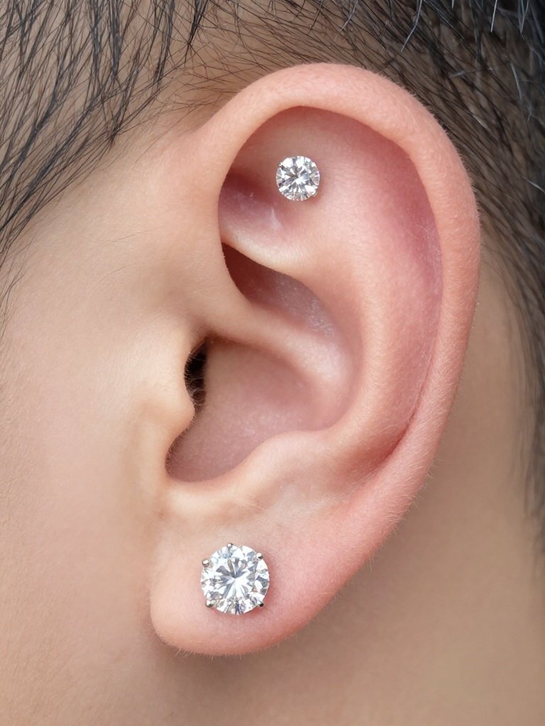 Double Ear Piercing Men Stud Look With Graduated Diamond-Style Studs