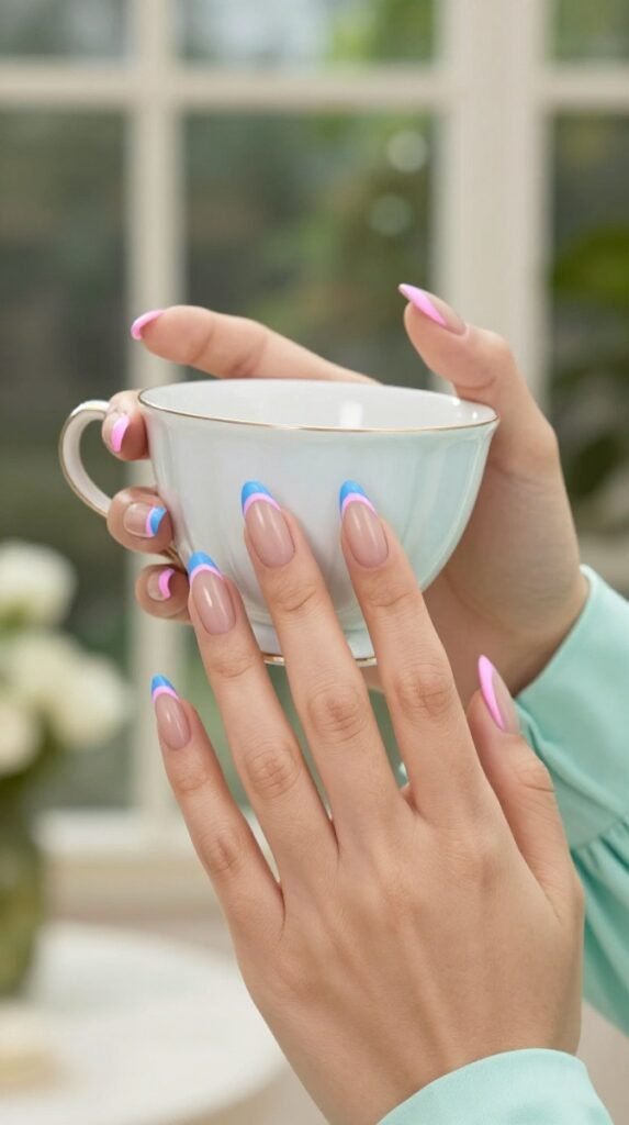 Pink and Blue French Tip Nails: 18 High-Quality Designs Worth Saving 11 11. Pink and Blue French Tip Nails With Reverse Cuticle Crescents