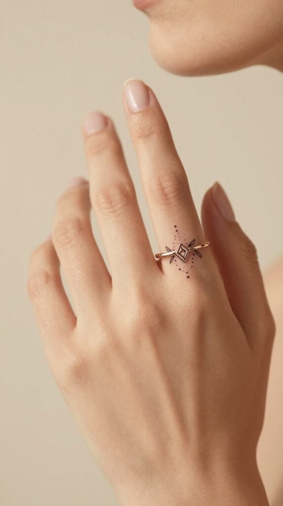 9. Ornamental Finger Tattoo With Ring-Inspired Linework