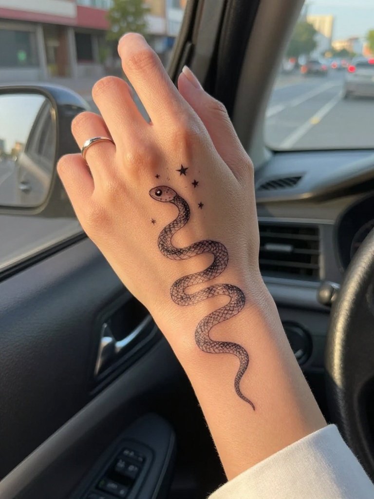 Small Snake Tattoo On Hand With Dotwork Stars