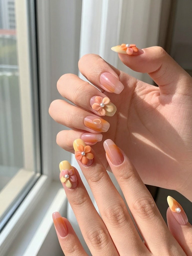 Jelly Lollapalooza Nails With Raised Floral Charms