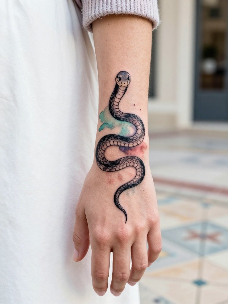 Watercolor Snake Hand Tattoo for Women