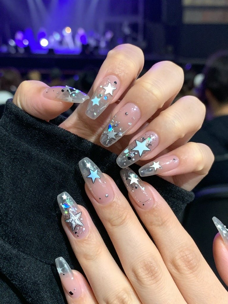 Clear Lollapalooza Nails With Encapsulated Star Confetti