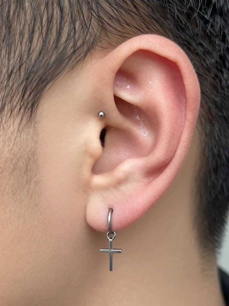 Double Ear Piercing Men With A Cross Drop And Stud