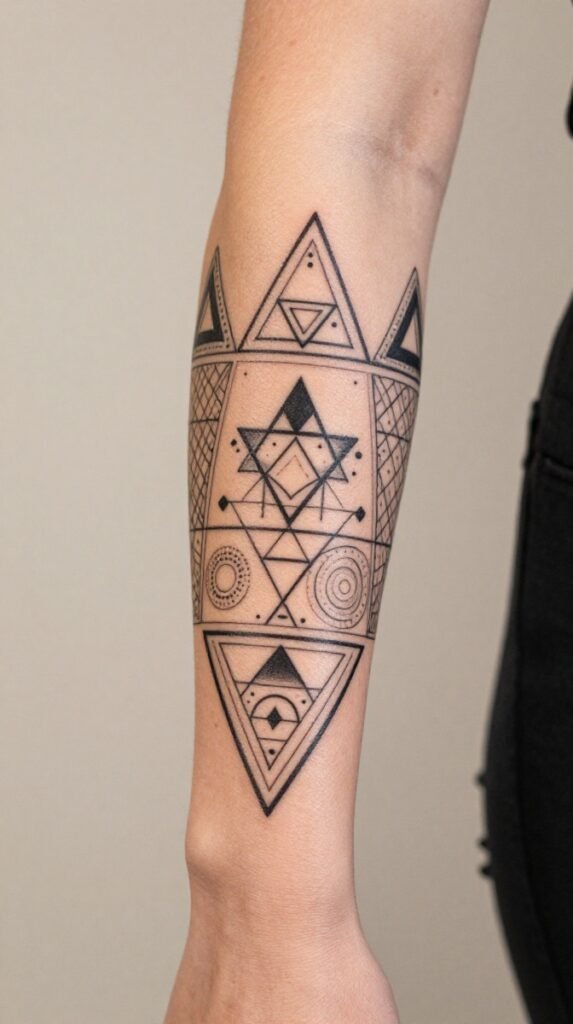12. Forearm Ornamental Tattoo With Sacred Geometry Panels
