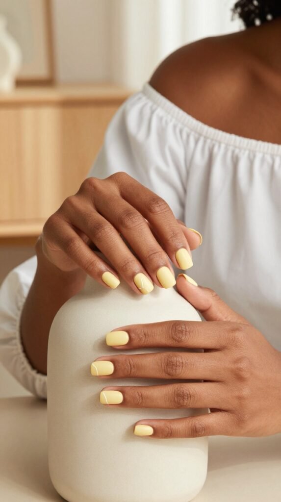 11. Butter Yellow Matte Nails With Minimal Abstract Line Art