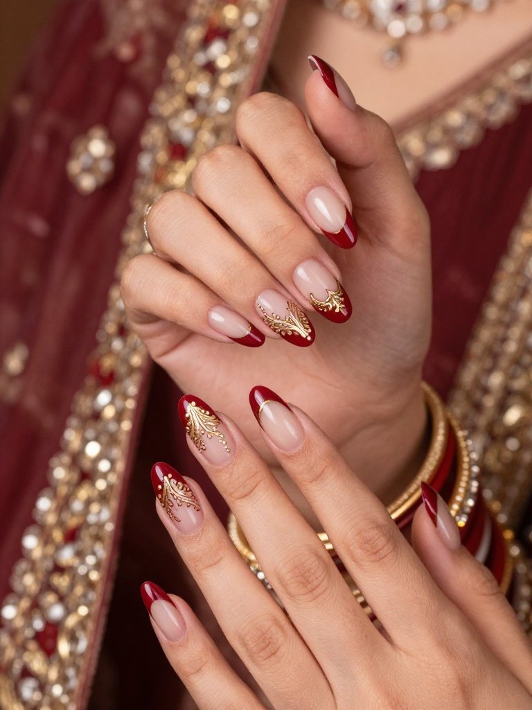 6. Wedding Nails for Indian Bride in Ruby and Antique Gold
