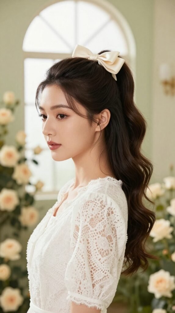 10. Ribbon Bow High Ponytail Hairstyle With Soft Feminine Accent