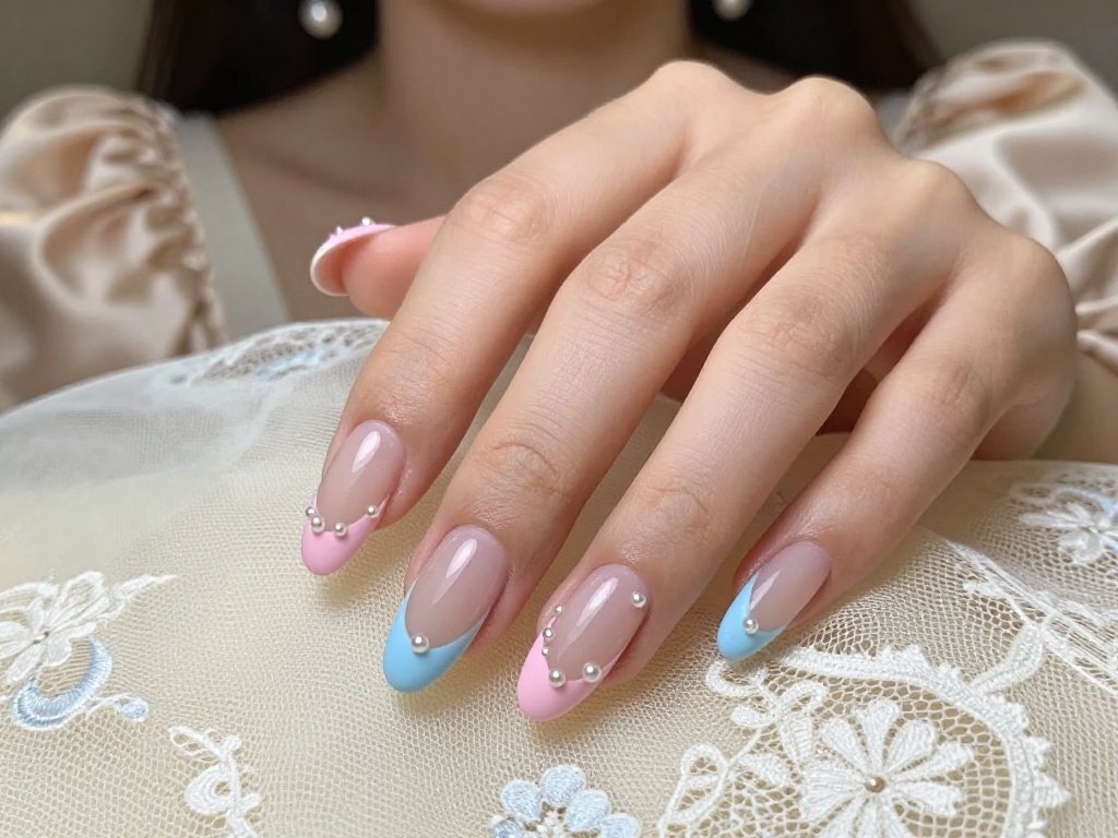 Pink and Blue French Tip Nails: 18 High-Quality Designs Worth Saving 13 13. Pink and Blue French Tip Nails With Micro Pearl Accents