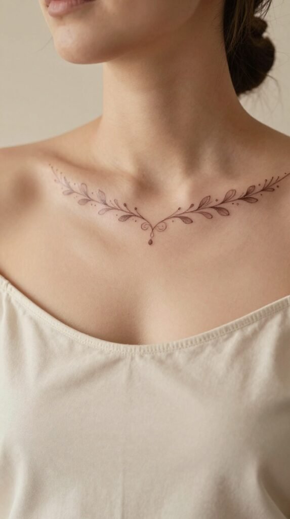 13. Collarbone Ornamental Tattoo With Symmetrical Filigree