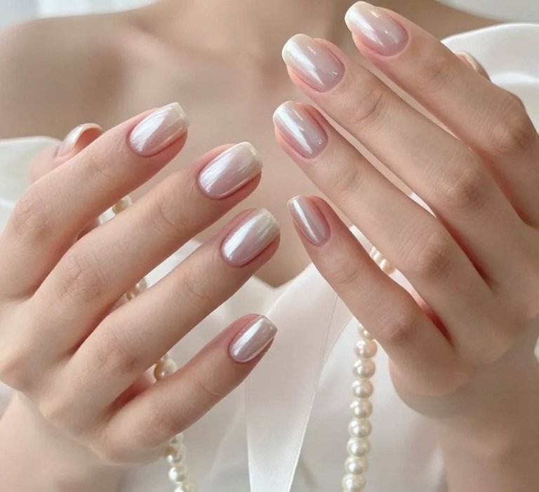 4. Wedding Nails Short With a Soft Pearl-Chrome Glow