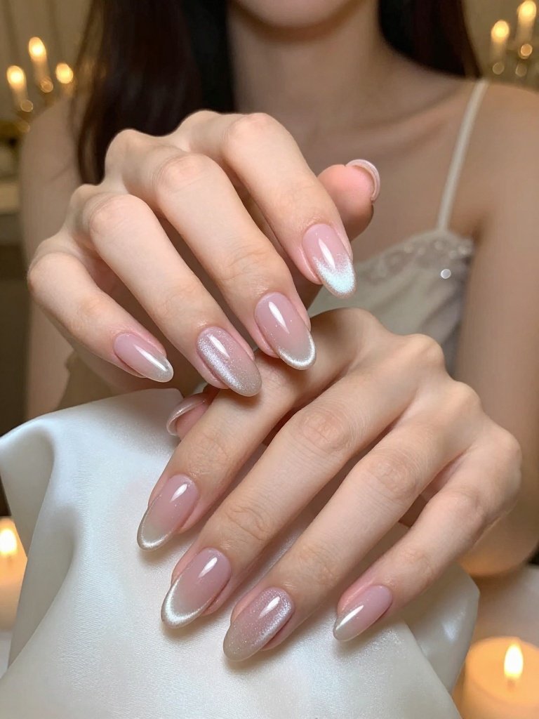 8. Classy Wedding Nails With Champagne Velvet Cat-Eye Shine