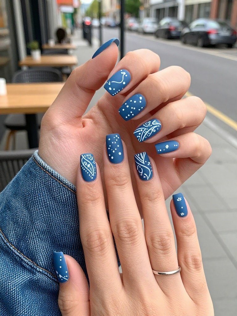 Blue Bandana Lollapalooza Nails With White Linework