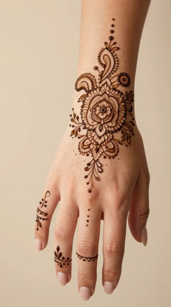 15. Henna-Inspired Ornamental Hand Tattoo