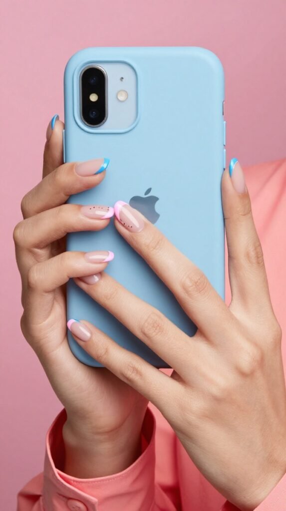 Pink and Blue French Tip Nails: 18 High-Quality Designs Worth Saving 14 14. Pink And Blue tips Nails With Coordinated Mismatched Patterns