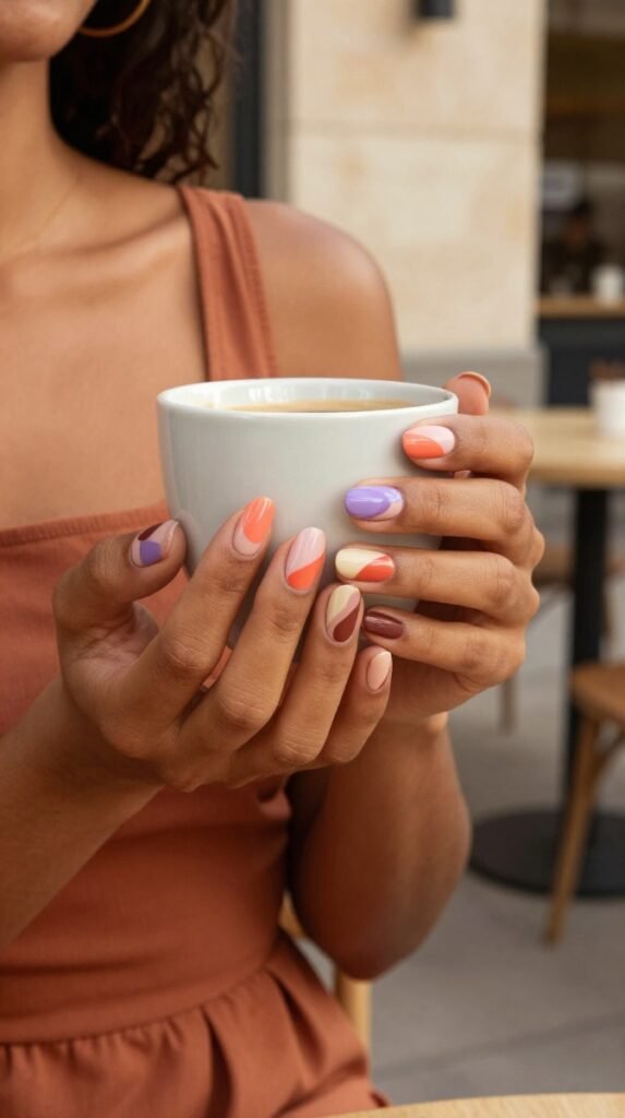 13. Abstract Swirl Nails With Warm August Color Blocking