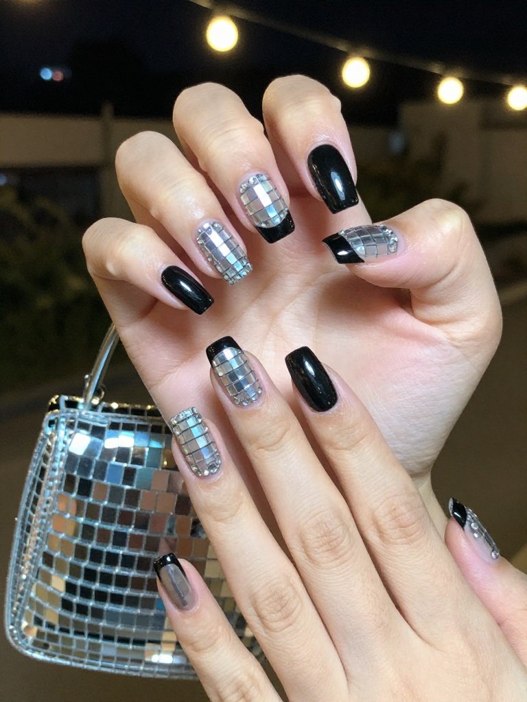 Black Disco Lollapalooza Nails With Mirrored Tiles