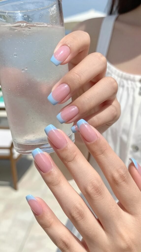 Pink and Blue French Tip Nails: 18 High-Quality Designs Worth Saving 15 15. Pink and Blue French Tip Nails With Translucent Jelly Color