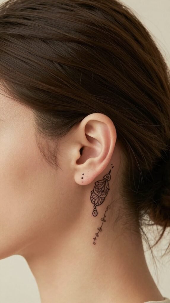 16. Behind-the-Ear Ornamental Tattoo With Tiny Mandala Lines