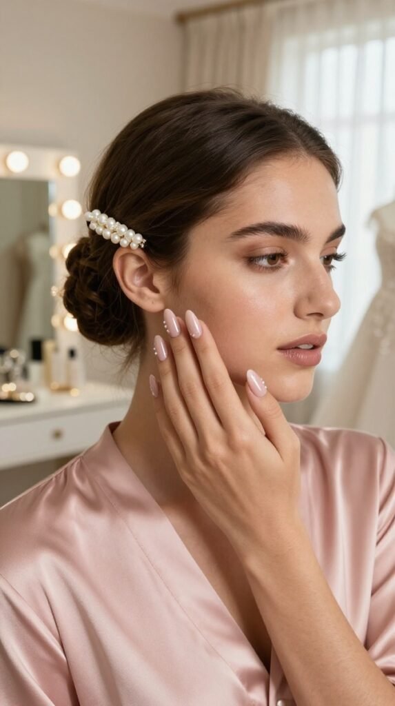 14. Pearl Accent Nude Nails With Satin Glaze