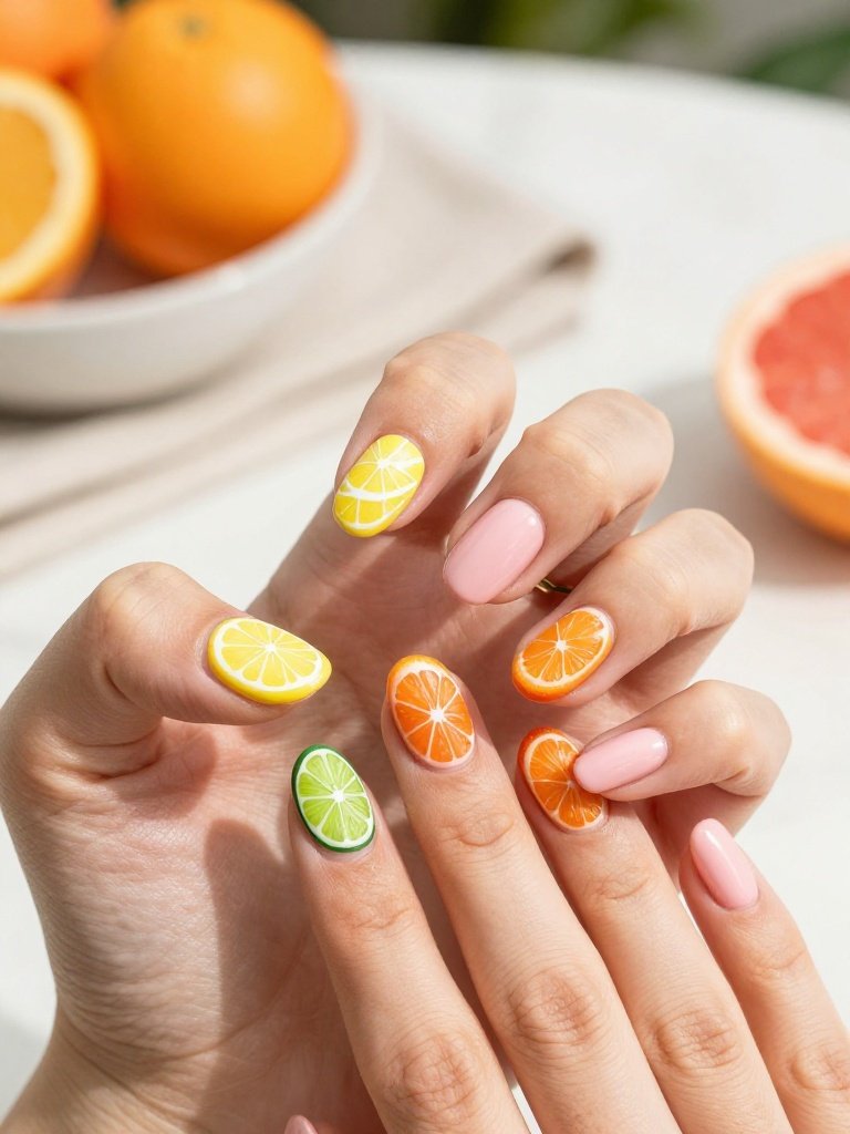 Citrus Lollapalooza Nails With Tiny Fruit Slices