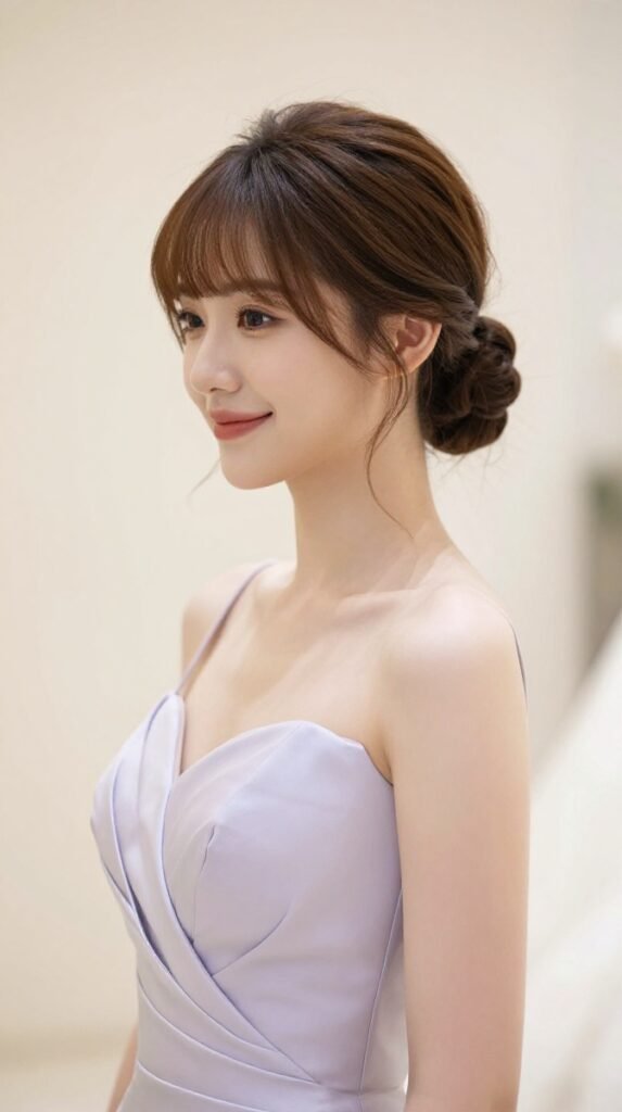 15. Low Bun With Curtain Bangs and Soft Front Layers