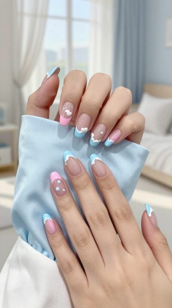 Pink and Blue French Tip Nails: 18 High-Quality Designs Worth Saving 16 16. Pink and Blue French Tip Nails With Soft Cloud Details