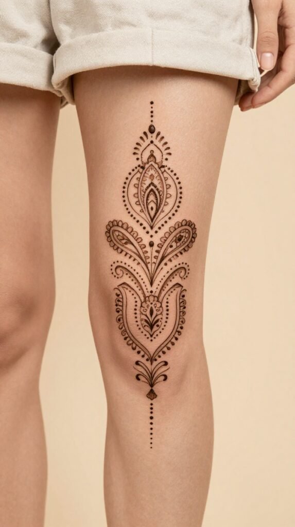 17. Calf Ornamental Tattoo With Vertical Mehndi-Inspired Pattern
