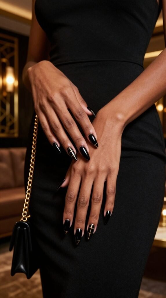 16. Black and Gold Evening Nails With Sharp Metallic Contrast