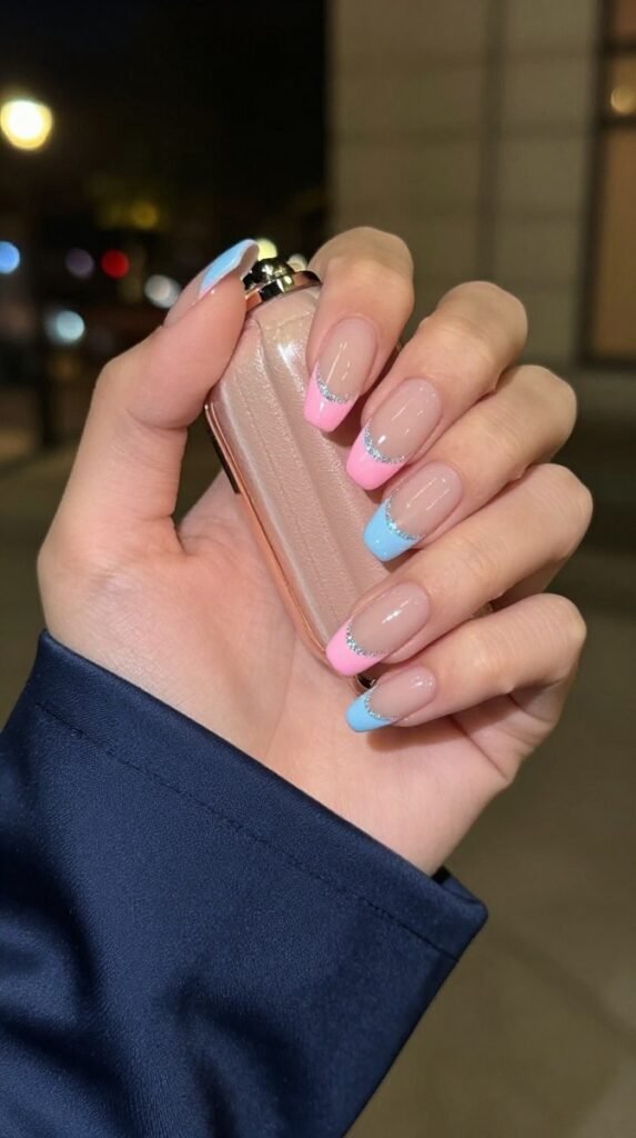 Pink and Blue French Tip Nails: 18 High-Quality Designs Worth Saving 17 17. Pink and Blue French Tip Nails With a Fine Glitter Outline
