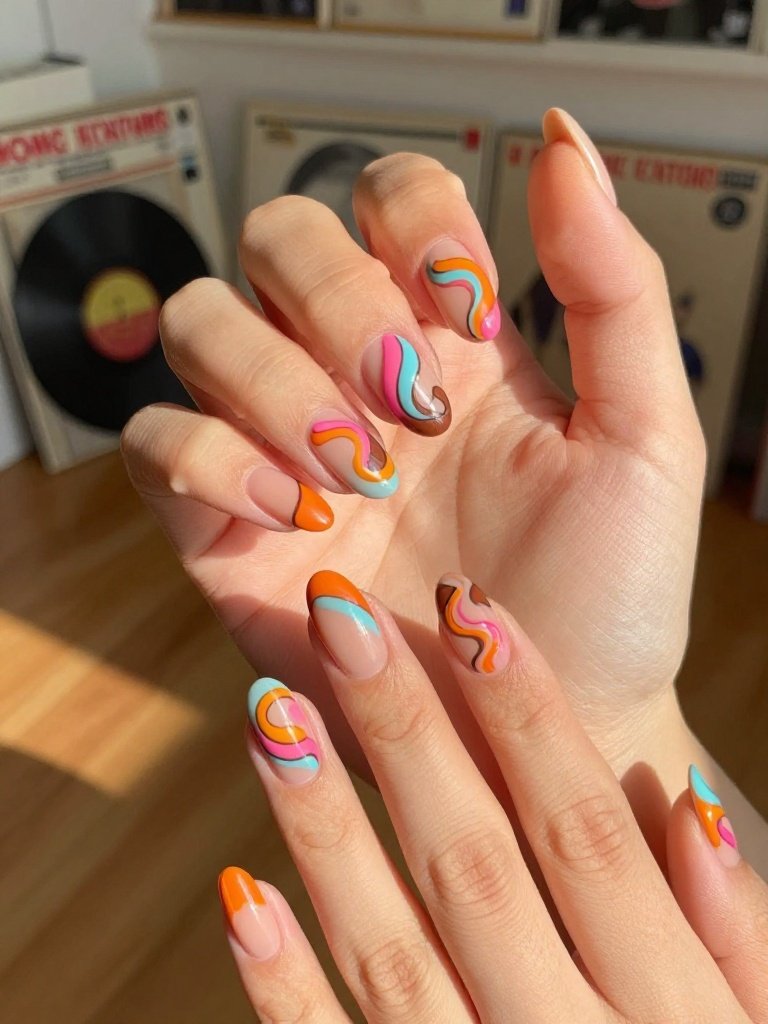Groovy Swirl Lollapalooza Nails in Retro Colors