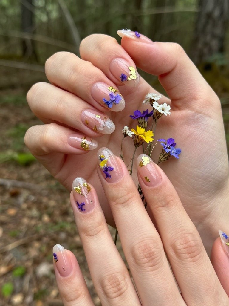 Pressed-Flower Lollapalooza Nails With Sheer Polish