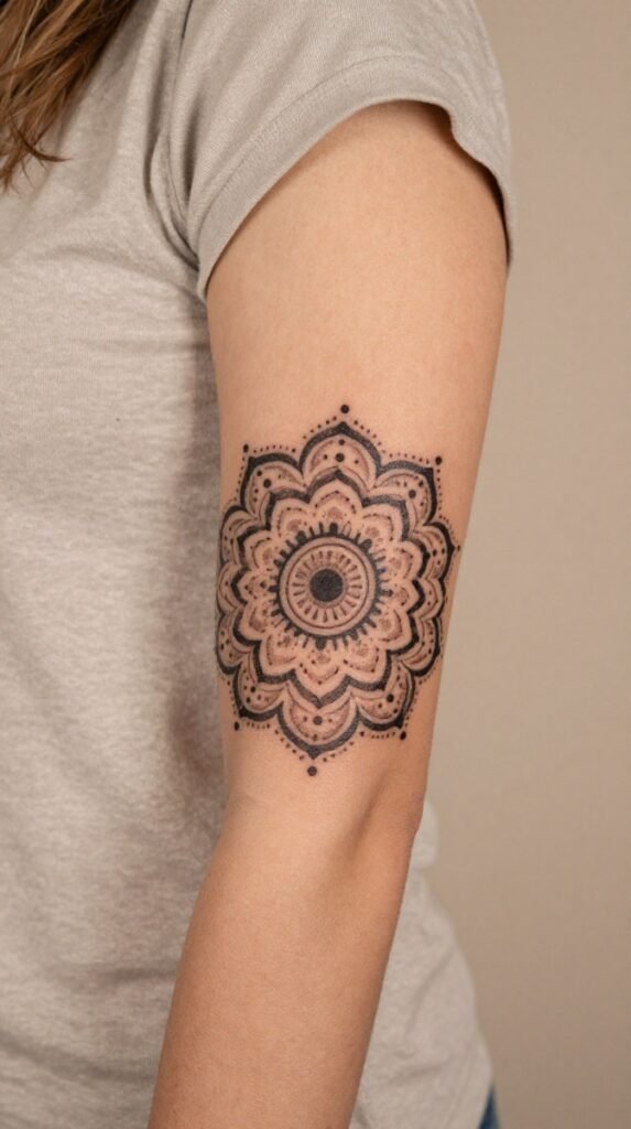 19. Elbow Mandala Ornamental Tattoo With Dotwork Halo