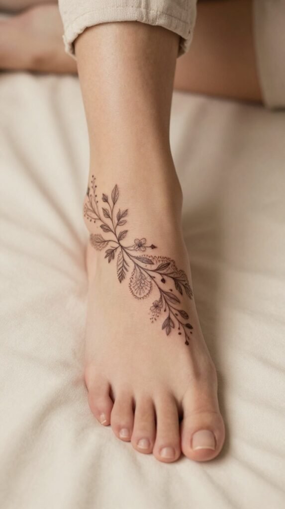 21. Foot Ornamental Tattoo With Lace Vine Details