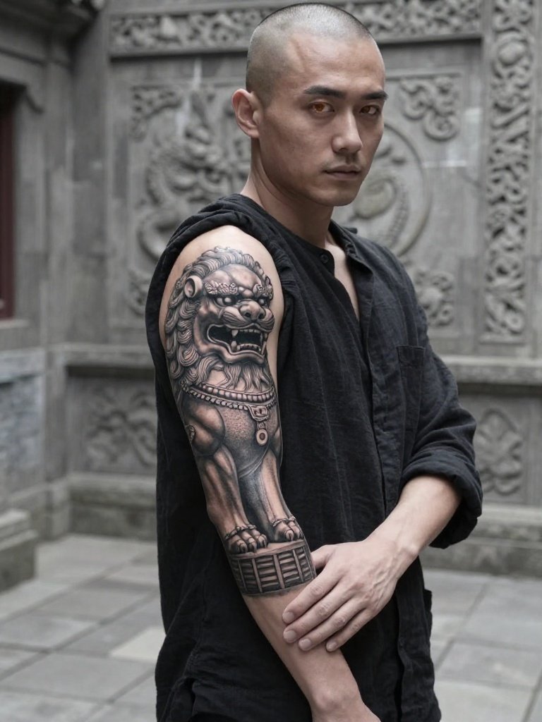 3. Guardian Lion Forearm Tattoo Men With Temple Details