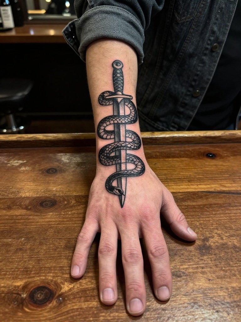 Viper and Dagger Snake Hand Tattoo for Men