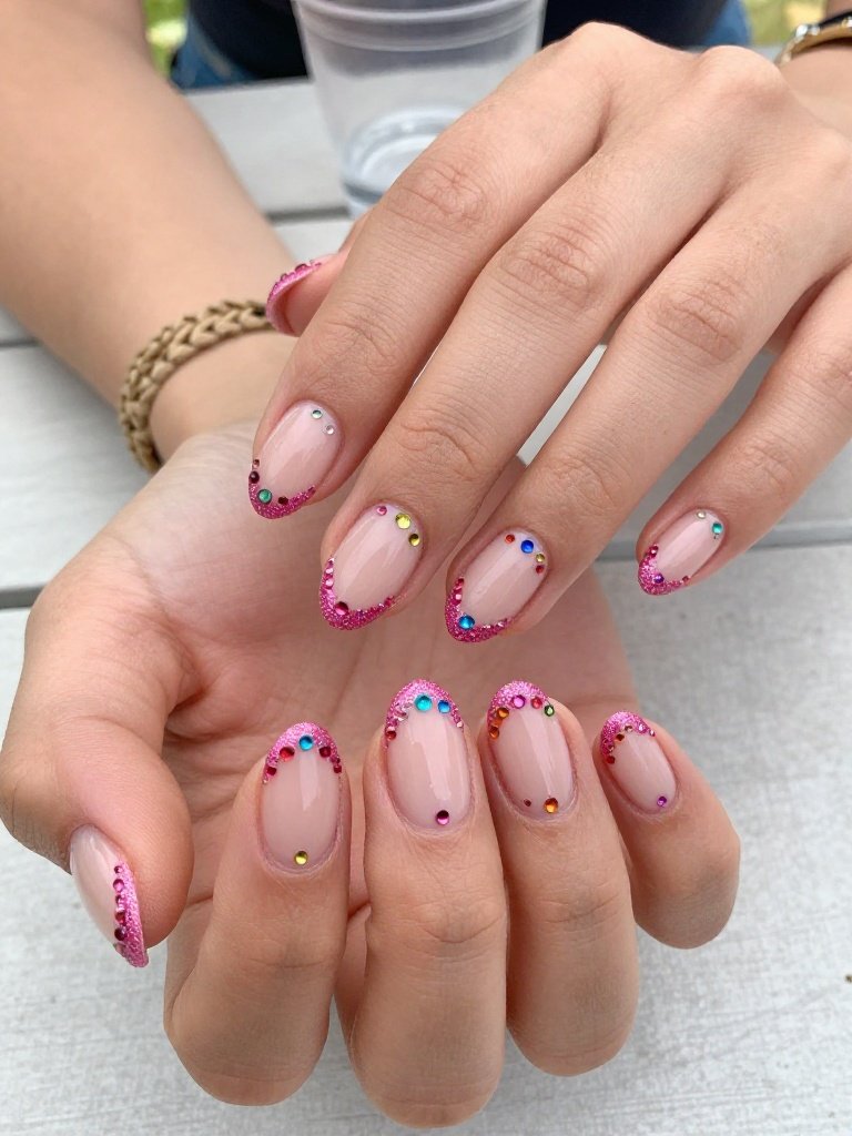 Lollapalooza Nails Designs With Pink Glitter Tips and Colorful Gems