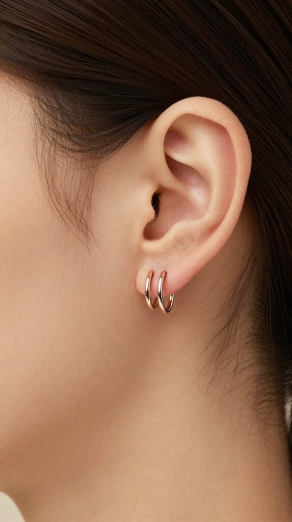 2. Classic Double Lobe Ear Piercing With Matching Hoops
